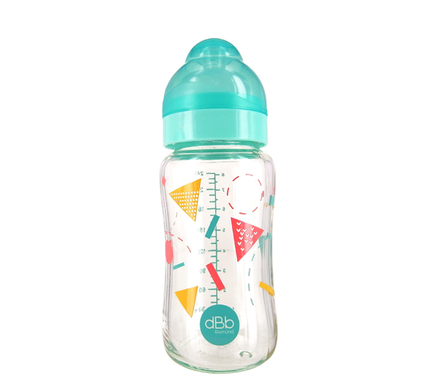 WIDE OPENING BABY BOTTLE IN GLASS – 8 OZ – “GEOMETRIE” DECOR